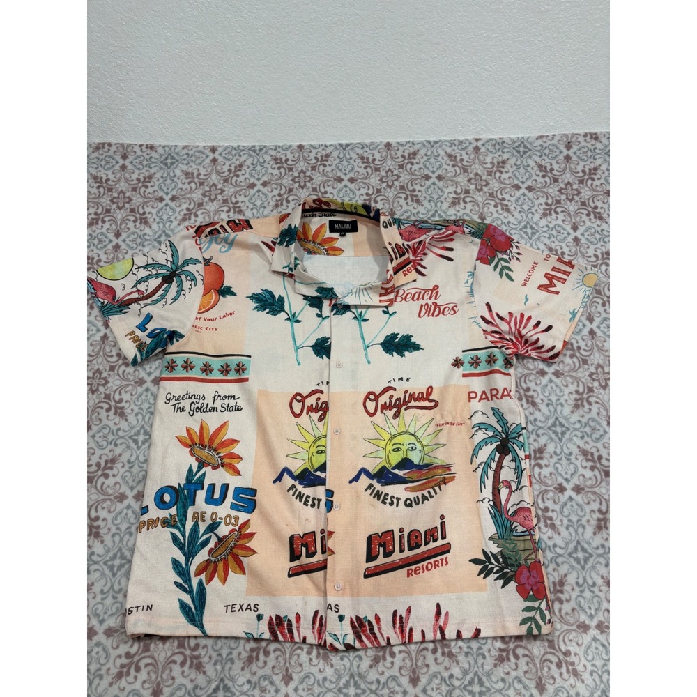 Malibu by Drill Clothing Co Mens 2X Miami Postcard Print Button Down Shirt Cream